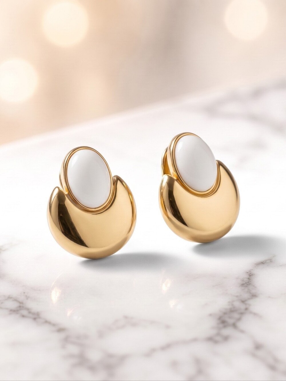NWT Women's Vintage Monet Elegant Gold & White Double Drop Earrings